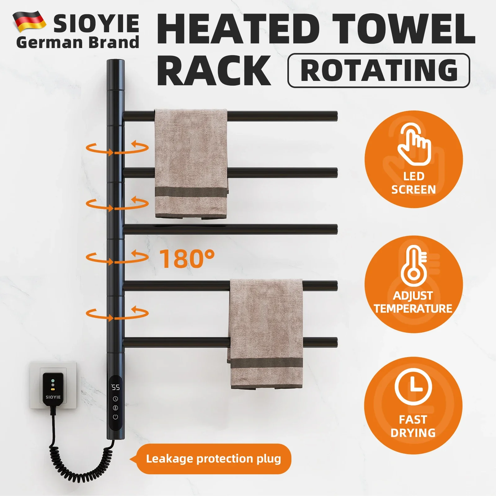 Towel Warmer Rotating Heated Towels Rack For Bathroom with Timer, Concealed Installation Wall-Mounted Electric Towels Rail