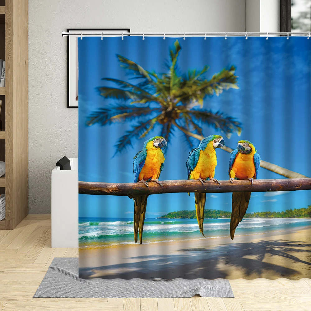 Jungle Waterfall Parrot Shower Curtain Green Plants Birds Animals Nature Landscape Polyester Bathroom Decoration with Hooks