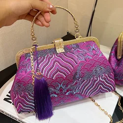 2024 Vintage Women Floral Clutch Designer Lock Shell Clip Handmade Chain Shoulder Bags Crossbody Bags Tassel Glitter Handbags