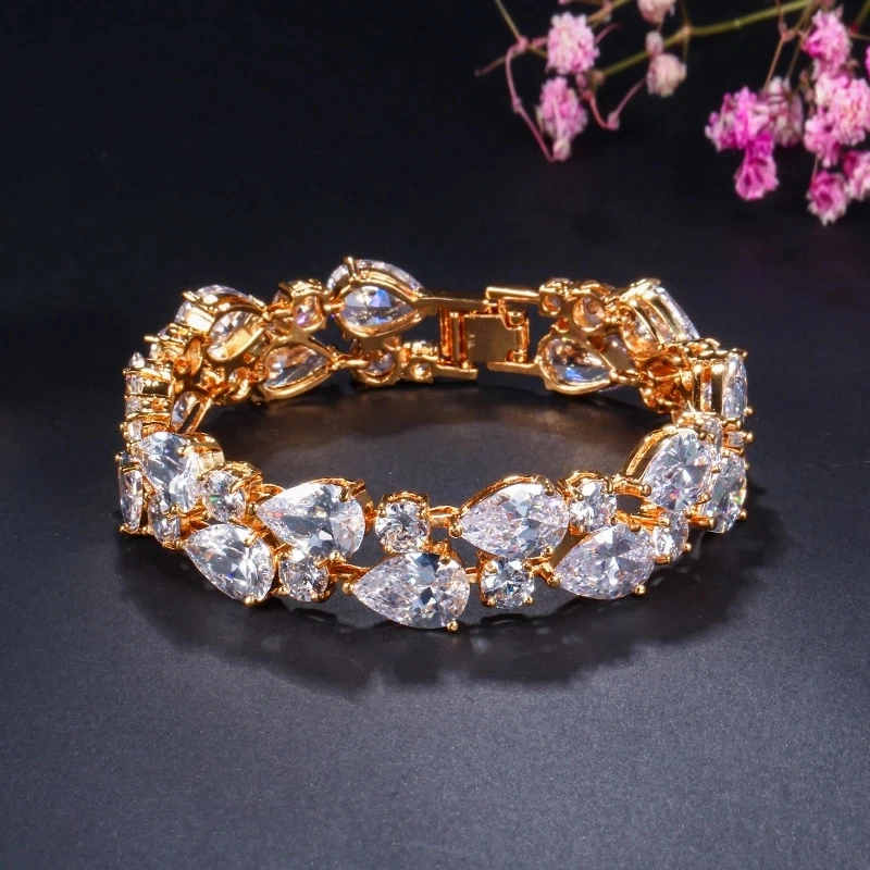 CWWZircons Luxury Yellow Gold Plated My Mona Lisa Multicolor CZ stones Big Wide Crystal Charm Bracelet Bangle for Women CB017