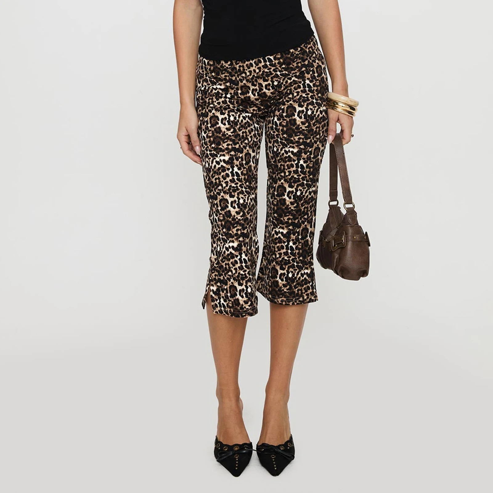 

Women Capri Pants Leopard Print Flare Pants Summer Casual Cropped Pants Stretch Crop Leggings