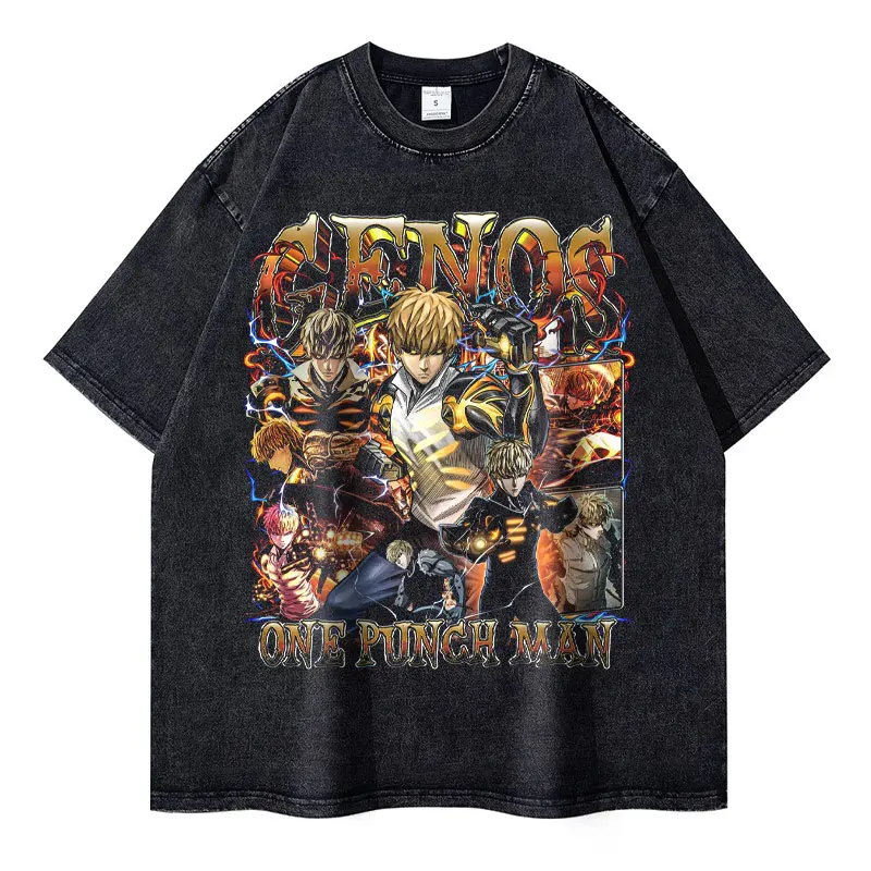 Genos T Shirt Vintage Washed Oversized Anime One Punch Man T-shirts Manga Short Sleeve Saitama Garou Tops Tees Man 100% Cotton