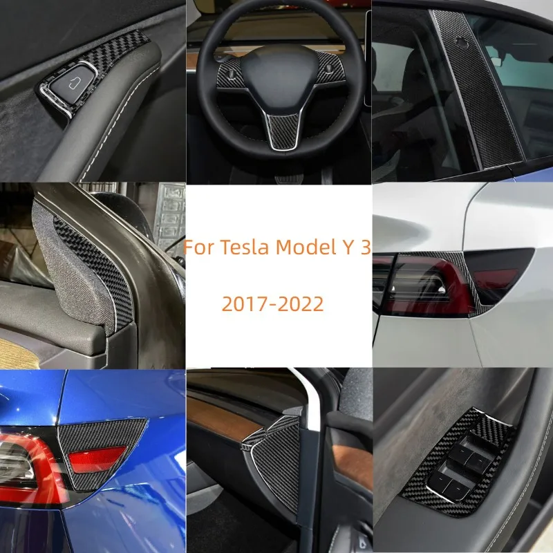 

Car Interior Decoration Carbon Fiber Sticker For Tesla Model Y 3 2017-2022 External Lamp Eyebrow Charging Port Panel Accessories