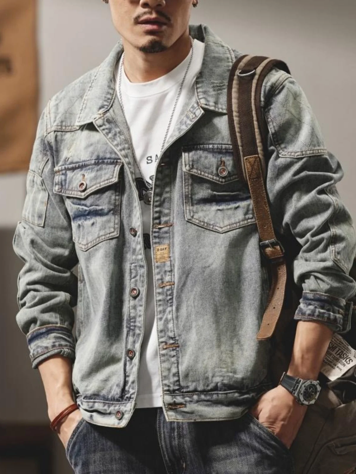 

Retro Waed Denim Jaet Men's 2024 New Trend Casual Workwear Loose Fit Youthful Antibacterial Long Sve Outerwear