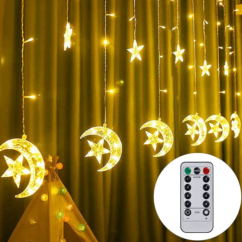 Cadena de luces LED con forma de luna y Estrella, cortina de ventana alimentada por USB con Control remoto, decoraciones de 8 modos, 138