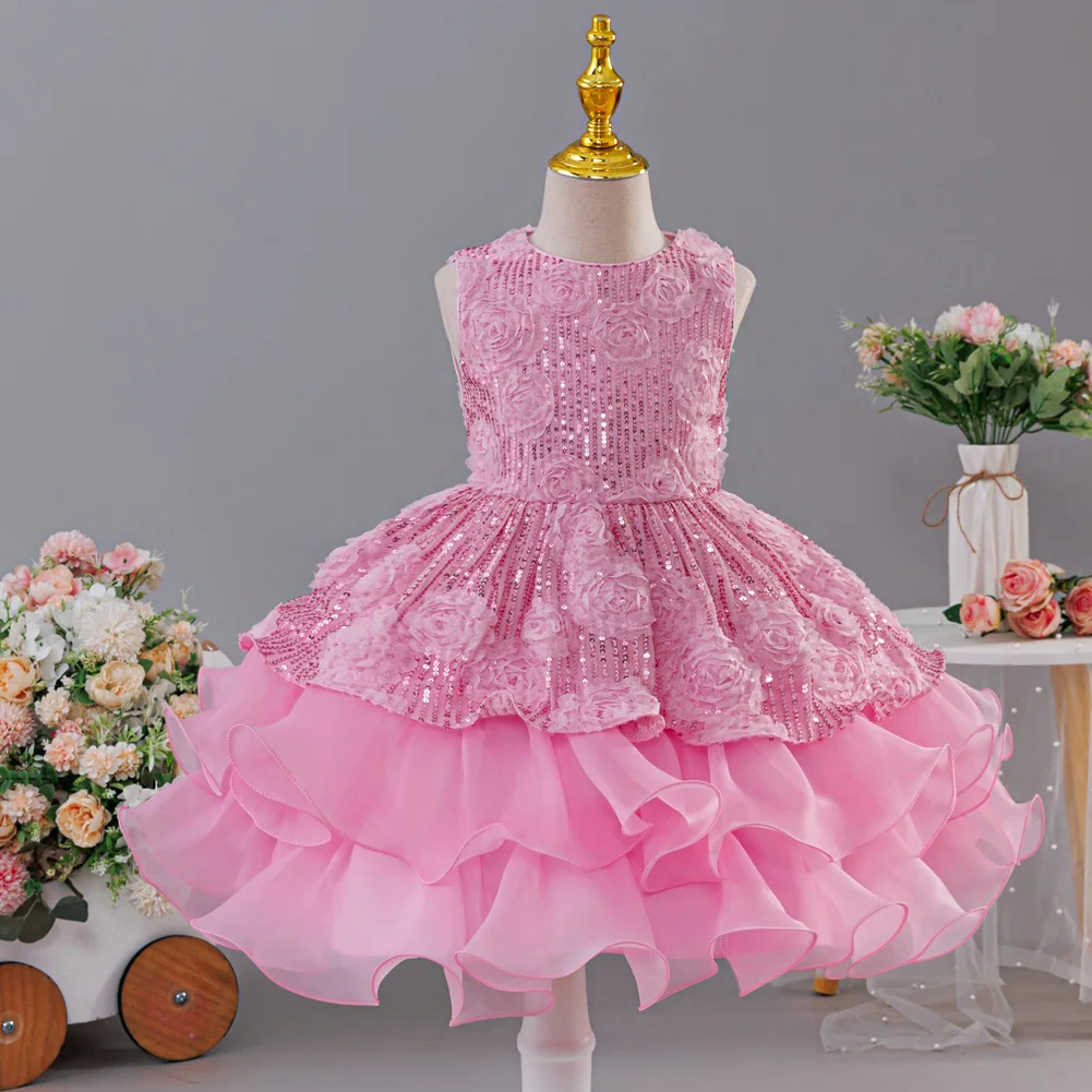 Girls Sequin Puff Sleeve Princess Dress Baby Sweet Cute Birthday Dress Wedding Flower Girl Dress Stage show host catwalk elegant