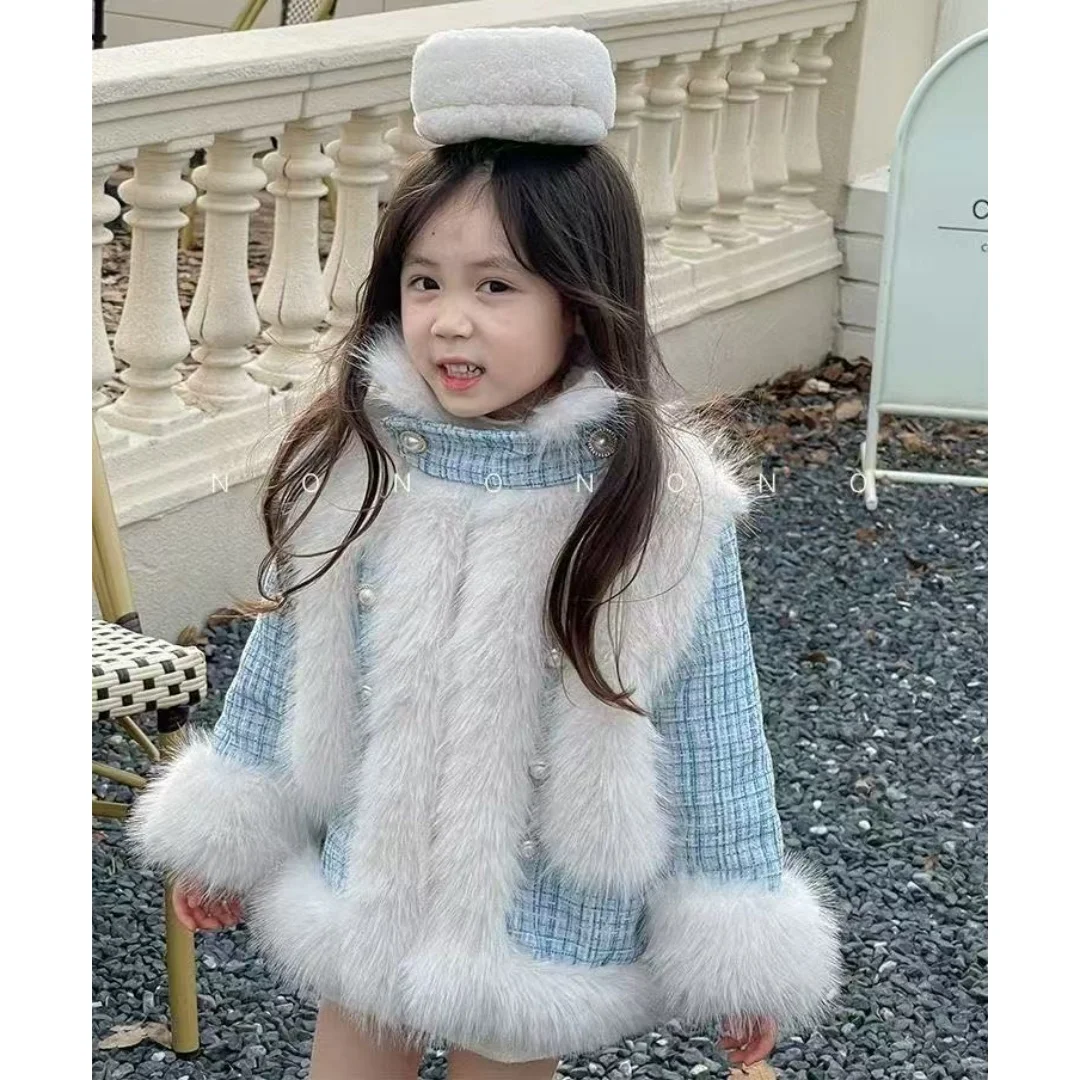 Girls Casual Fashion Warm Plus Velvet Thick Cotton Winter Outdoor Artificial fur Parka Jackets Elegant Stripe Coats