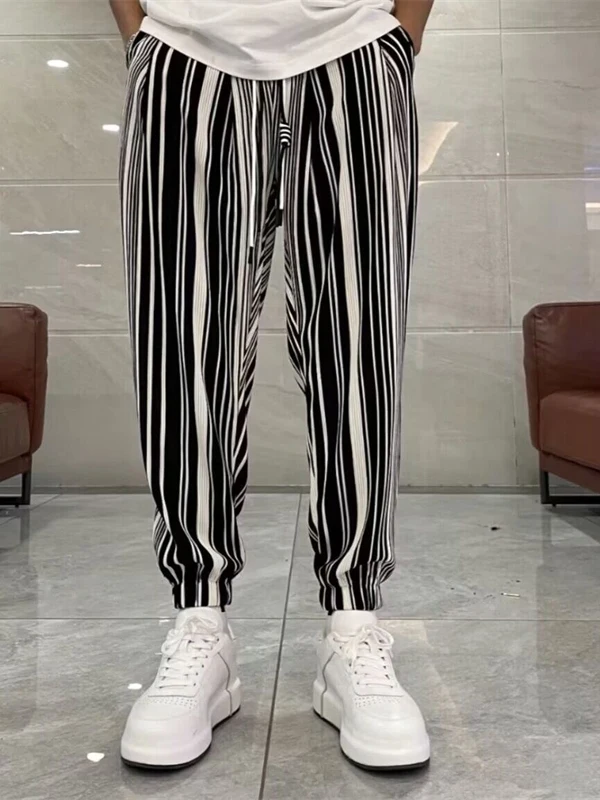 

Summer Thin Ice Silk Stripe Harem Pants Men's Trendy Personalized Faion Cuffed Casual Pants Cool Haome Nine Points Pants