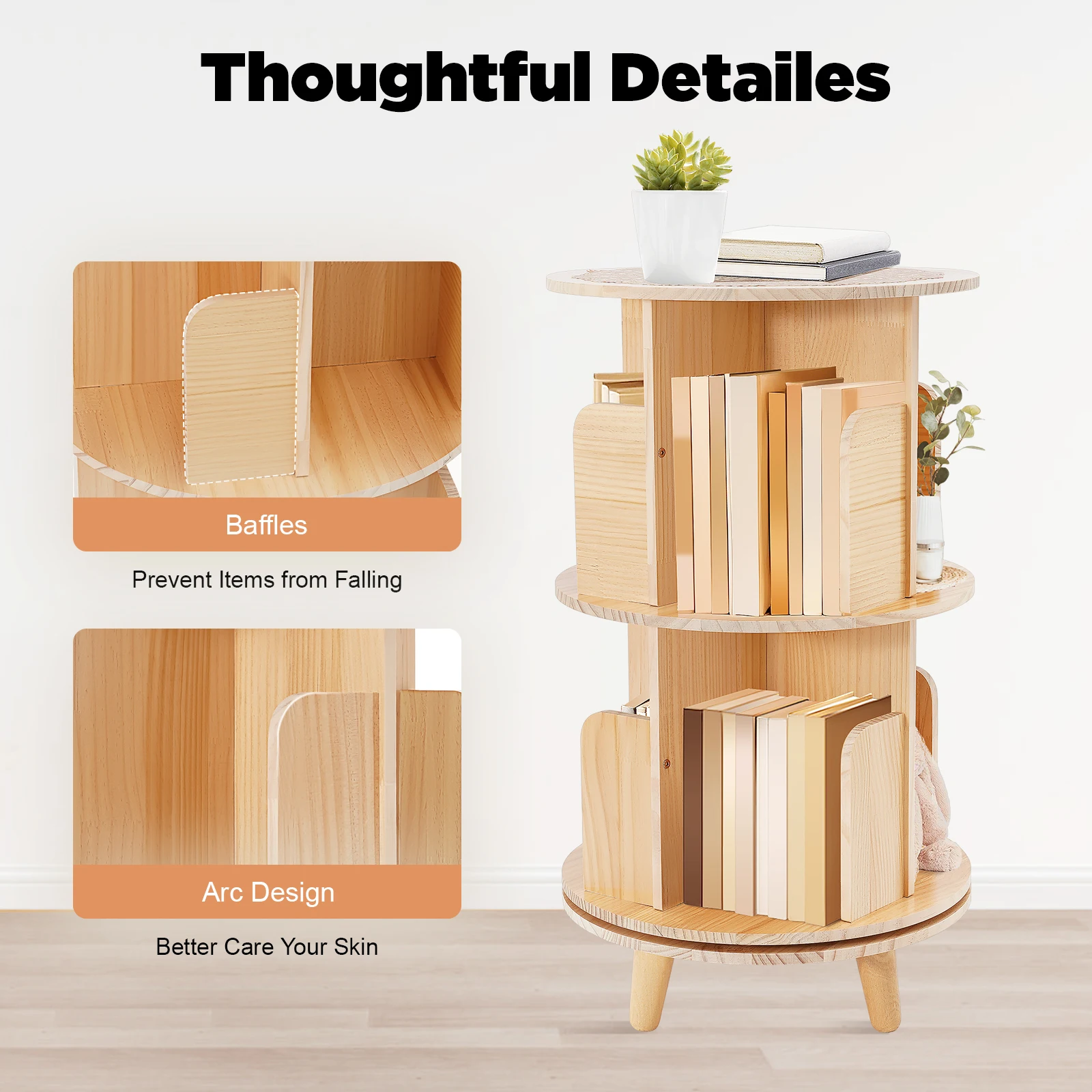  Floor Standing Rotating Bookshelf 2 Tier Cylindrical Pine Wood Multi-Functional Bookshelf Organizer Bookcase Storage Rack