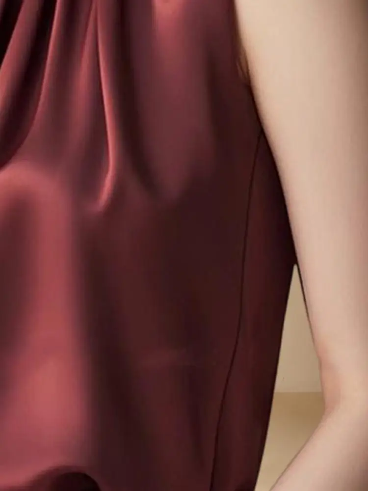 

Ankang Red Silk Vest Korean Sle Long Sve High Collar Women's Faion Inner Wear Top Commute Straight Cut Spring Summer