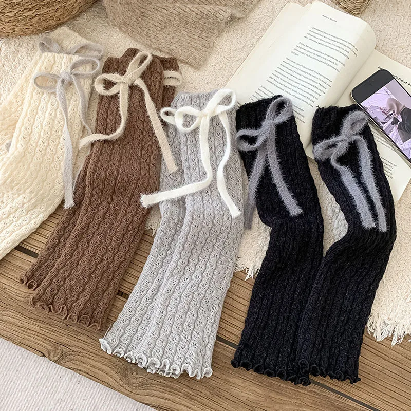 

Cute Bow Leg Warmers for Schoolgirl Lace Trim Knitting Boot Cuffs Kawaii Layered Socks for Autumn Winter Fashion Boot Toppers