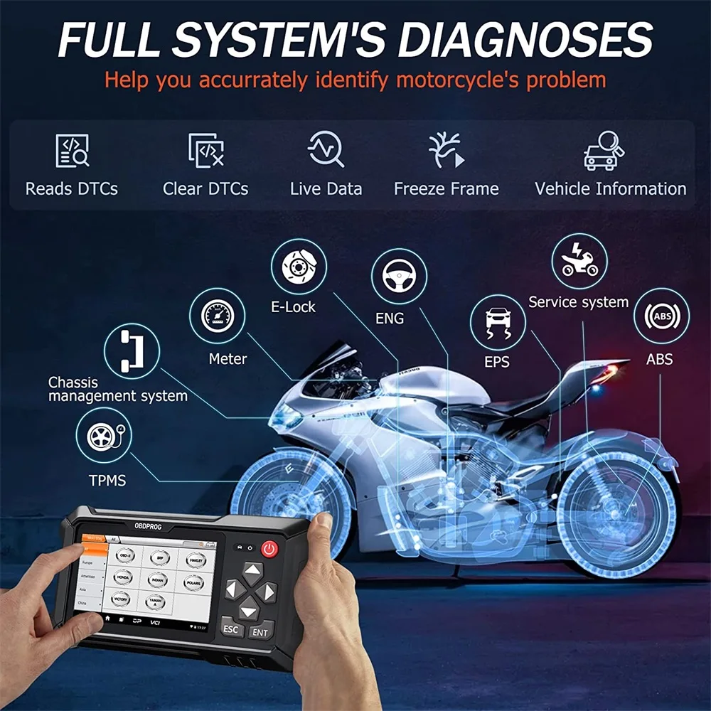 OBDPROG MOTO 100 Full System Motorcycle Scanner Diagnosis ECU Coding 5000+ Motorcycle Models Coverage Auto Motorcycle Analysis