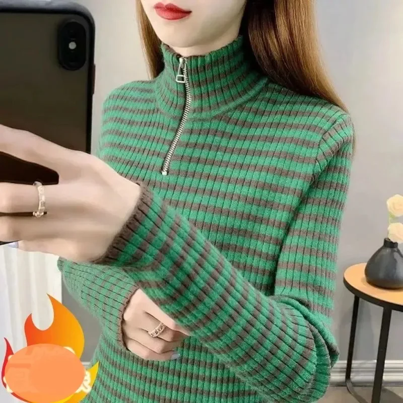 

Women's Autumn Winter Striped Pullover Turtleneck Screw Thread Zipper Long Sleeve Sweater Knitted Office Lady Undershirt Tops