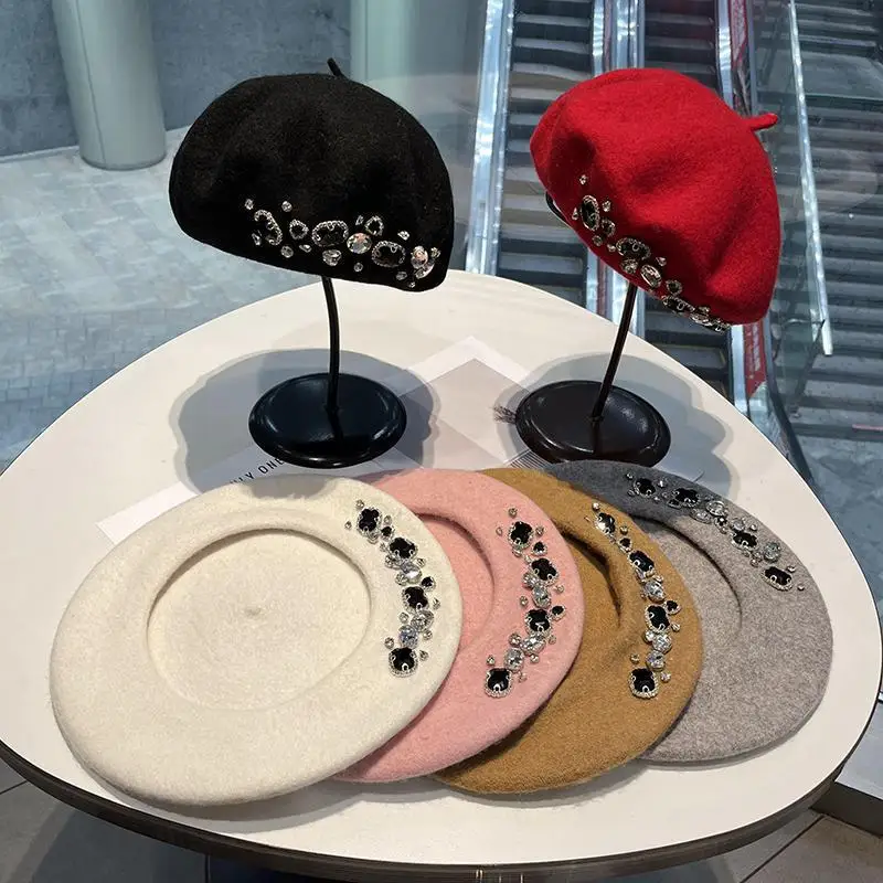 Handgefertigte Baskenmütze aus Wolle mit Strasssteinen für Damen, lässiger Modetrend, vielseitige Baskenmütze, künstlerisches Design, Künstlerhüte