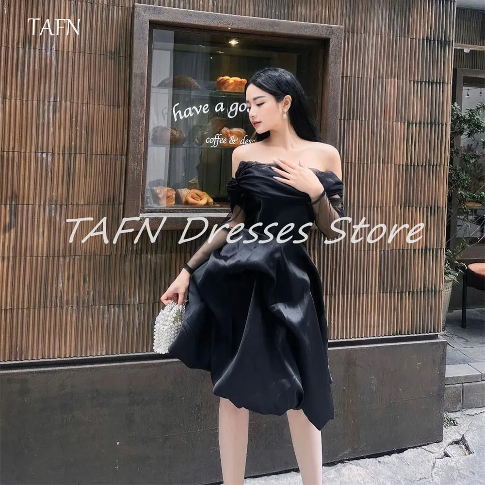 

TAFN Mini Off the Shoulder Long Sleeve Prom Gown Black Silk Satin Short Party Gowns Above Knee Formal Evening Event Dresses 2025