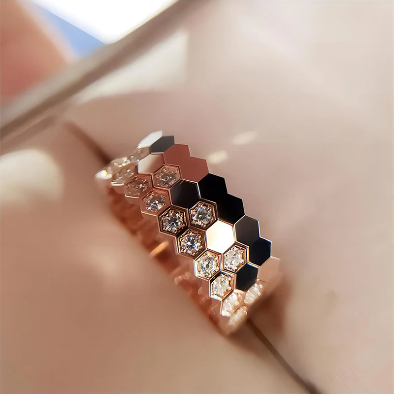 New Fashion 3 PCs Honeycomb Rings Set For Women Round Zircon Rose Gold Color Finger Ring Wedding Engagement Jewelry