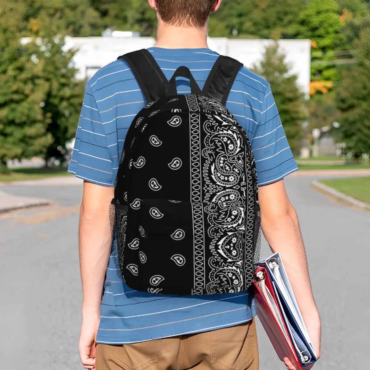 Mochila Paisley Chicano estilo bandana para laptop, bolsa básica para homens e mulheres, personalizada, preta e branca