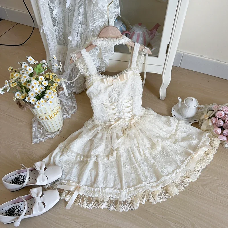 Y2k Japanese Sweet Lolita Jsk Dress Women Elegant Ruffles Lace Bandage Princess Strap Dresses Girls Kawaii Tea Party Mini Dress image 3