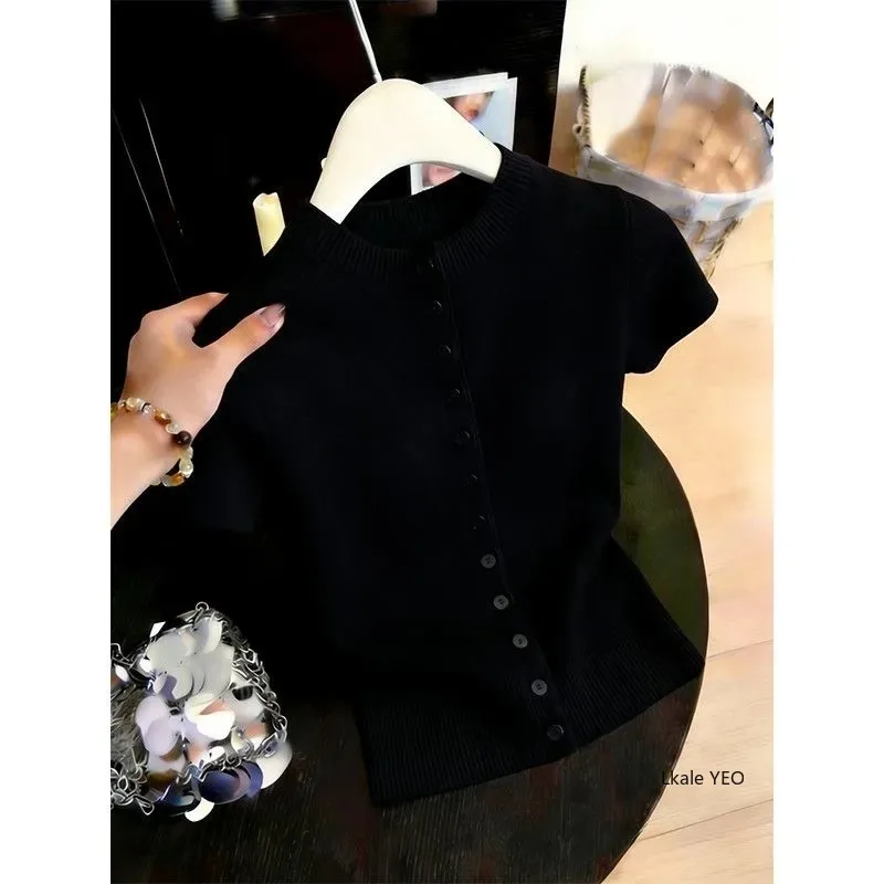 New 2026 Summer Stand-up Collar Short-sleeved Women's Knitted Cardigan Top Casual Single-breasted Solid Color Ladies T-shirt