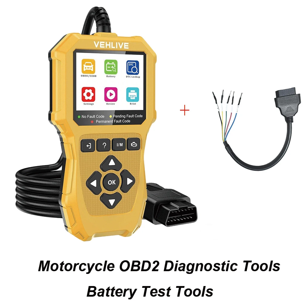 

Motorcycle OBD2 Scanner Check Engine Light Emissions Readiness Battery Tester Health Real-Time Date Car Diagnostic Tool