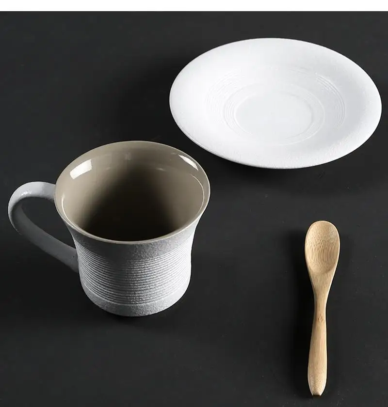 200ml Stoneware Mug Handle with Spoon Coffee Cup and Saucer Black White Simple Personality Ceramic Drinking