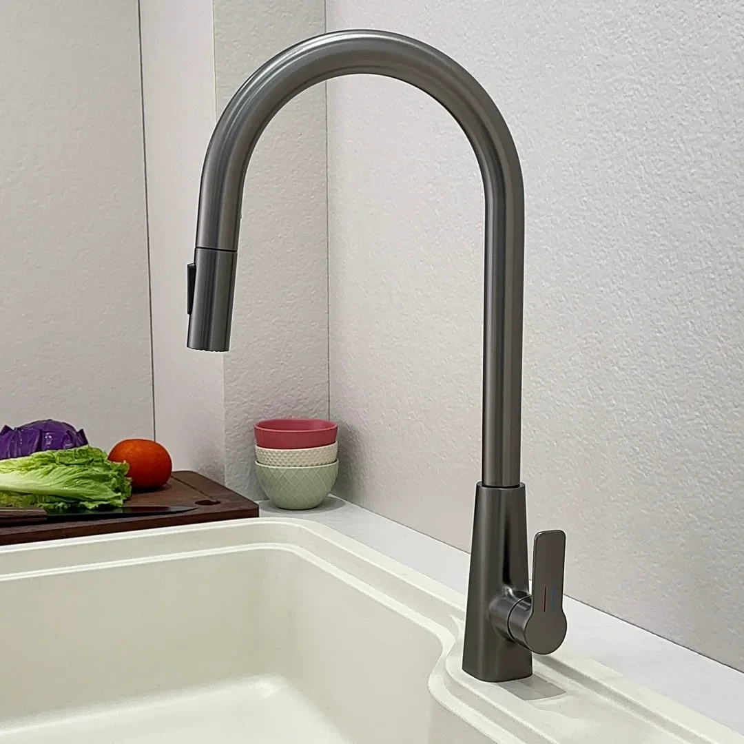 Grifo de cocina extraíble gris, grifo mezclador de fregadero de cocina de níquel cepillado, grifo giratorio para cocina