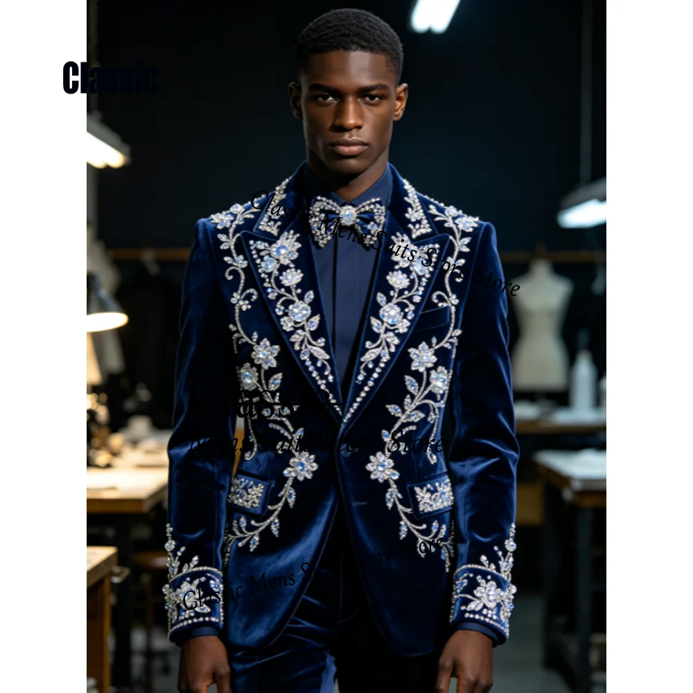 Handsome Velvet Diamond Men Suit 2 Pieces Set Male Party Blazer Customized Groom Wedding Tuxedos Slim Sequin trajes para hombre
