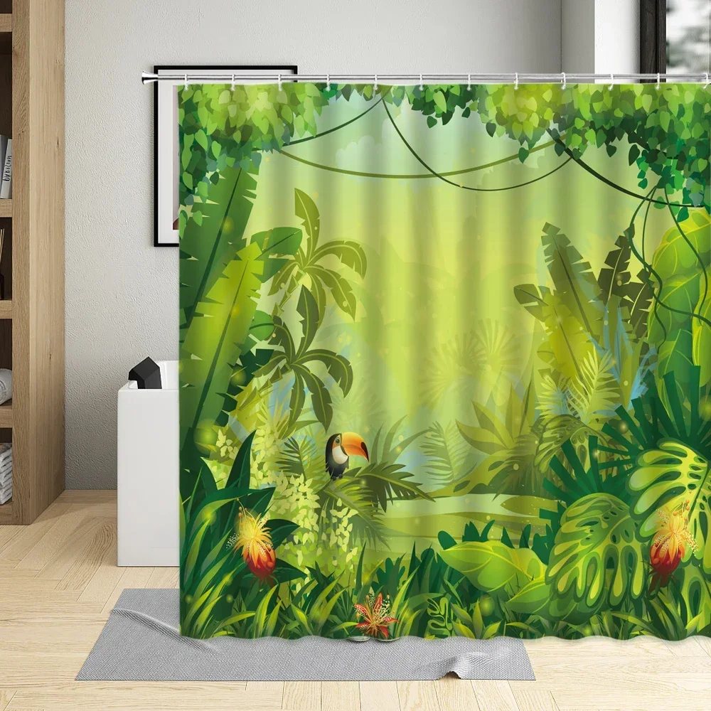 Tropical Green leaf Shower Curtain Parrot Plant Scenery Spring Bathroom Decor Summer Palm leaves Curtains Waterproof With Hook