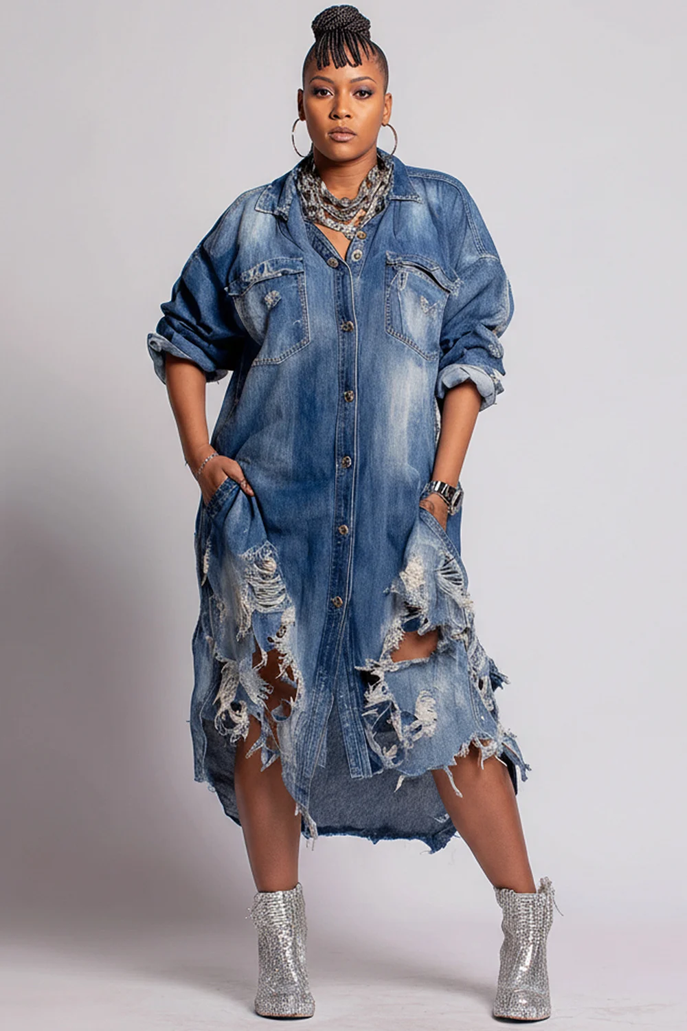 Plus Size Daily Blue Shirt Collar Long Sleeve Ripped Pocket Denim Shirt Dresses