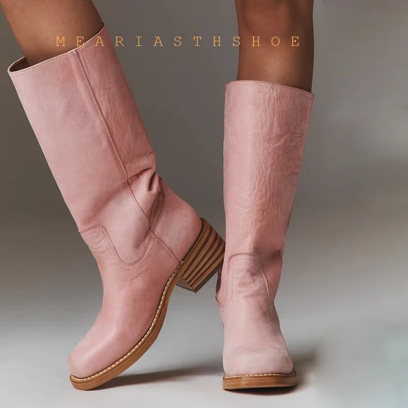 big size 35-46Pink Knee-high Thick Heel Boots Women's V-notch Knight Boots Chunky High-calf Slim Boot Small Size Long-calf Boots