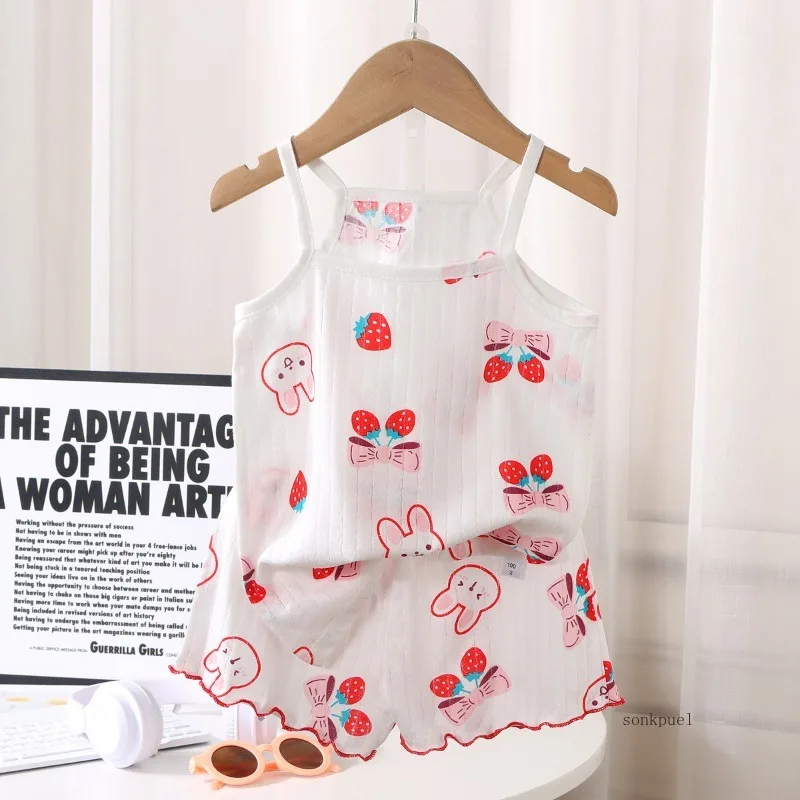 Kids Set Summer Thin Baby Tops+shorts Cotton Vest Sleeveless Cartoon Cute Loungewear Set for Girls Suit