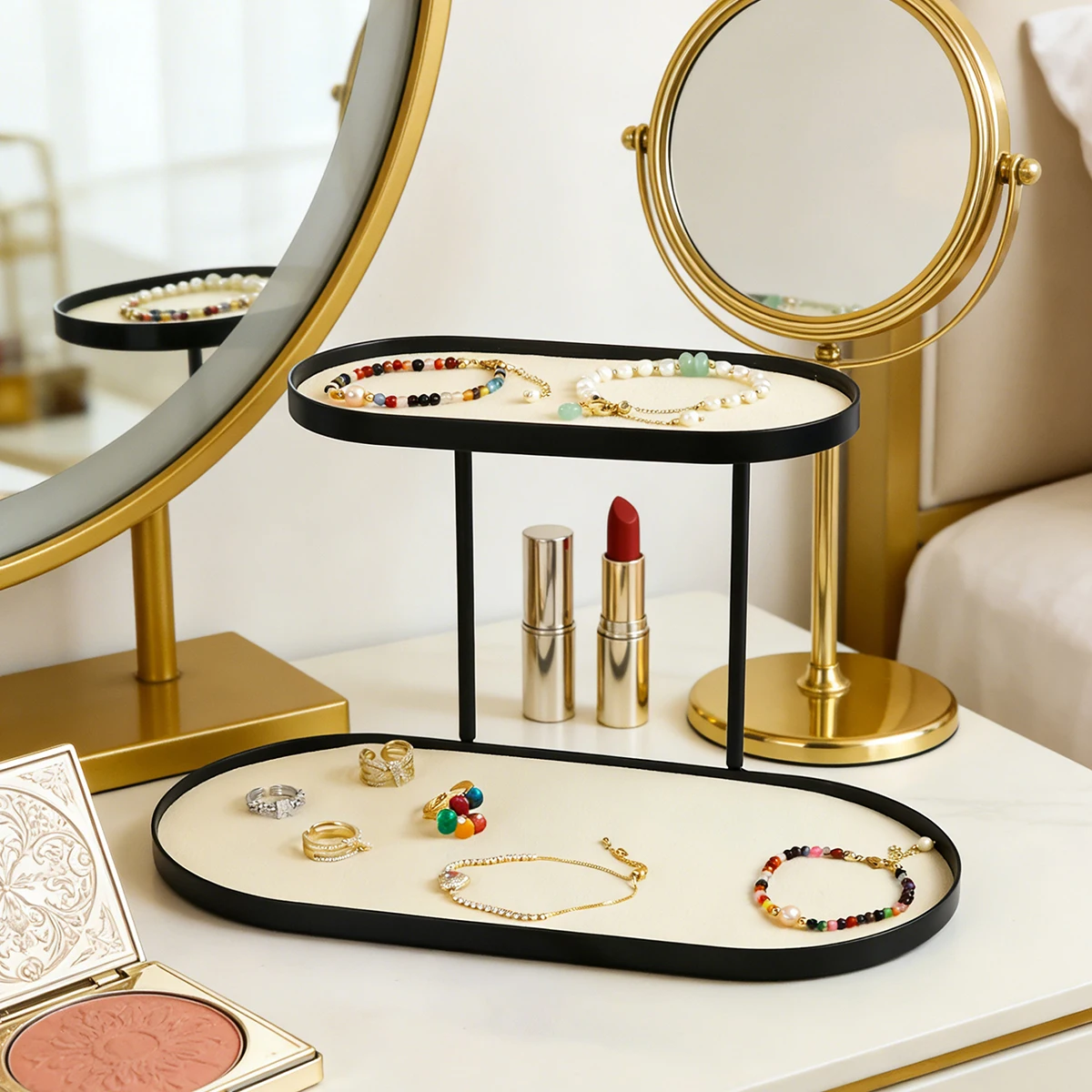 Black White Double Layer Jewelry Tray Metal Tray with Felt Lining Jewelry Storage Organizer