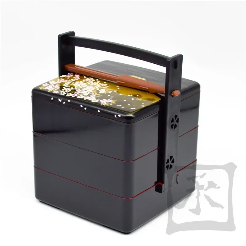 Exquisite Hand-Held Bento Box Lunch Box with Lunch Box Picnic Box Black and Red Three-Layer Sushi Box