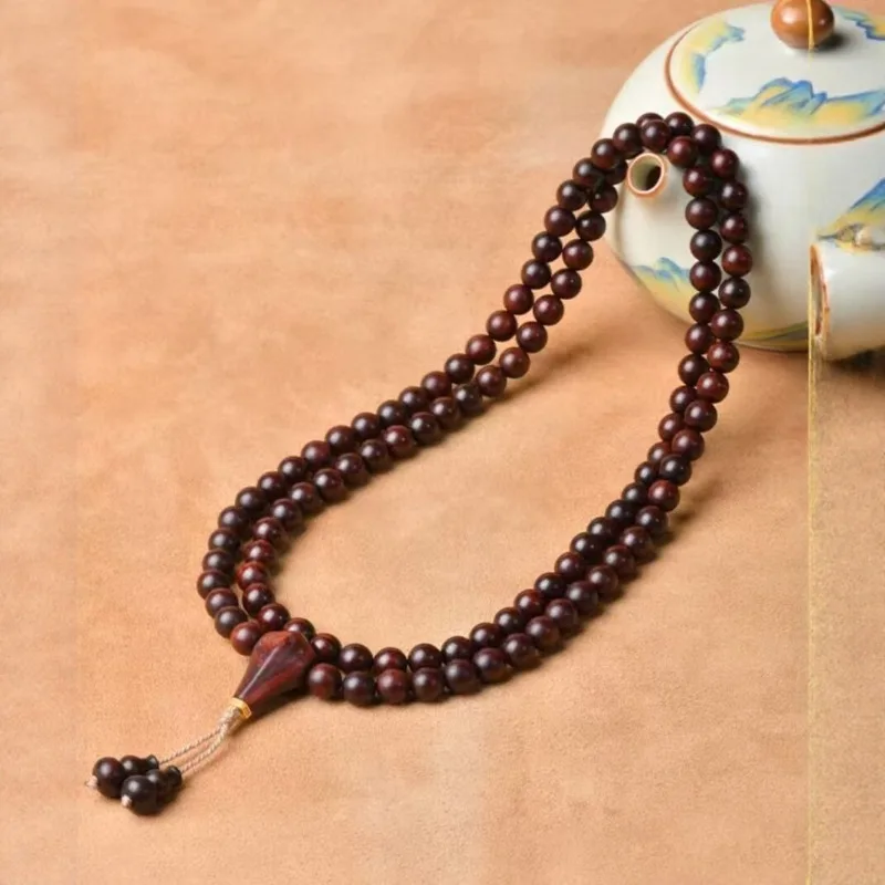 Traditional Chinese Lucky Small Leaf Red Sandalwood 108 Beads Mala Bracelet Unisex Natural Sandalwood Prayer Beads For Blessing