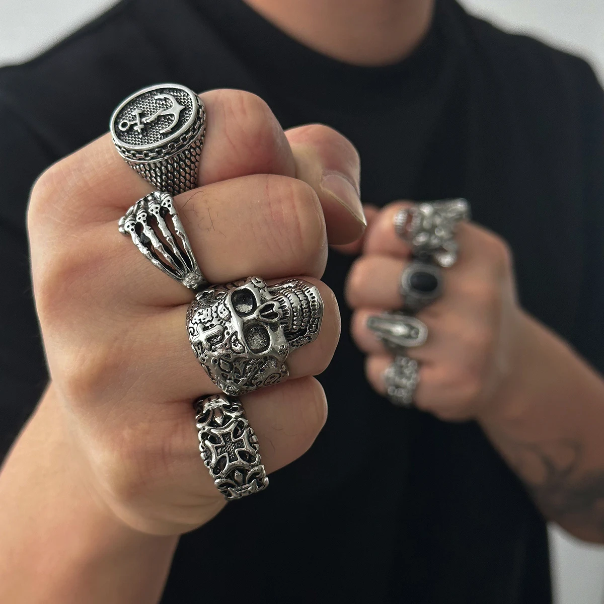 KunJoe Gothic Skull Claw Cross Ring Set for Men Vintage Silver Color Adjustable Open Rings Male Punk Jewelry Finger Accessories