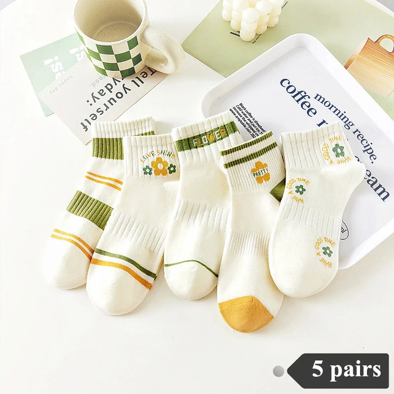 

5 Pairs Cute Socks Women Ankle Socks Spring Summer Cotton Cartoon Ankle Short Stripe Flower Short Boat Socks Breathable Socks