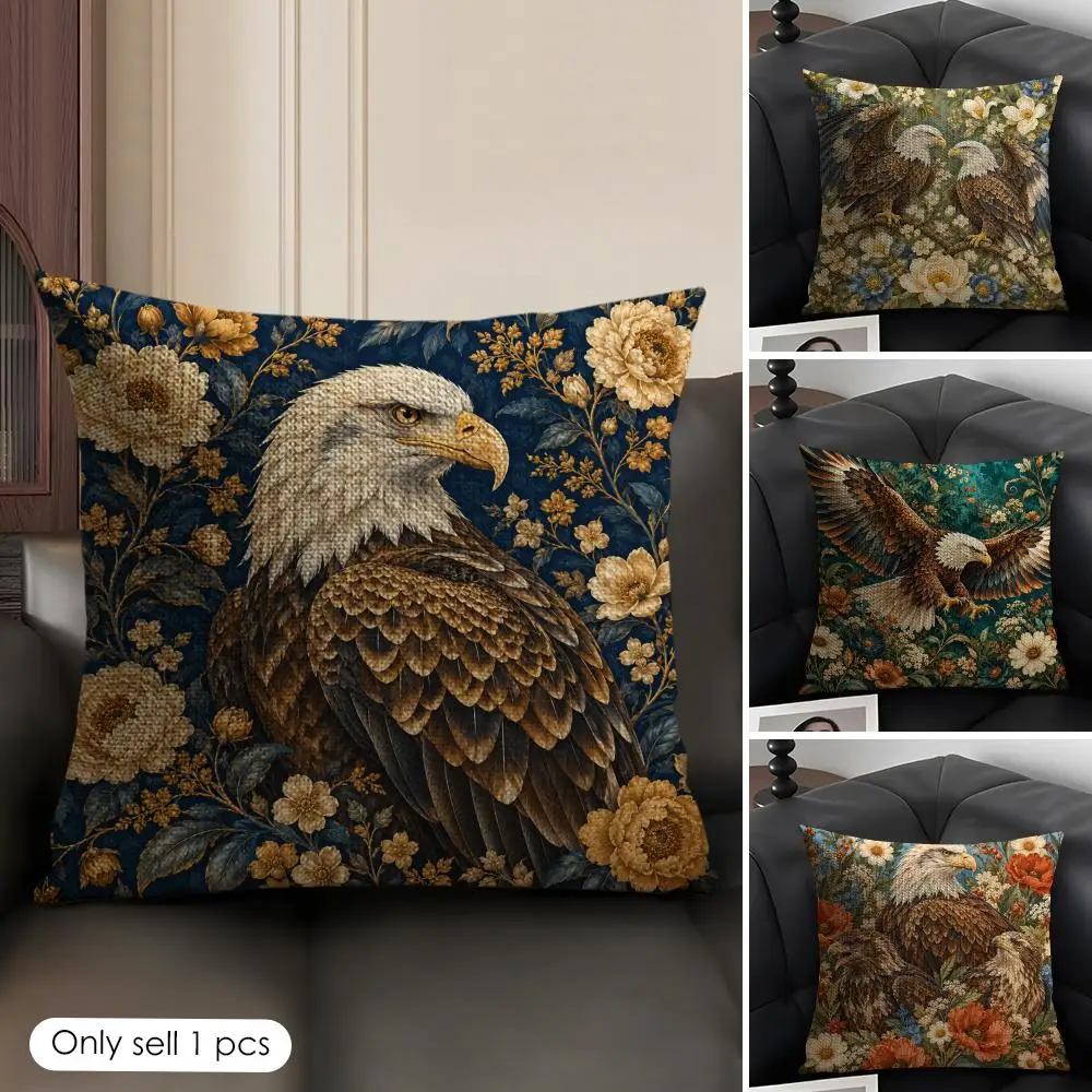 Bald Eagle Vintage Floral Art Cushion Cover Skin-Friendly Organic Linen Pillow Cover Durable Hypoallergenic Washable Soft