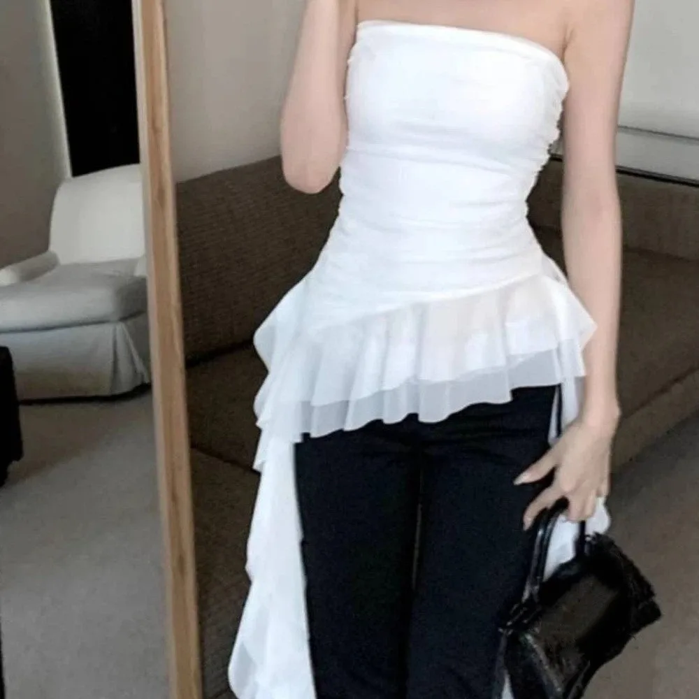 

Chic Spring Summer Irregular Ruffled Vest Sweet Mesh Women's Vest Top Elegant Cropped Tube Top Party