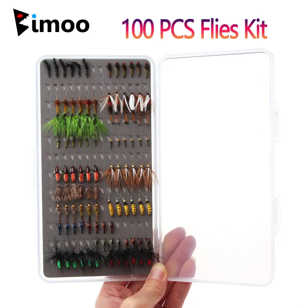 

Bimoo 100pcs Assorted Fly Fishing Lure Kit Dry Wet Elk Hair Caddis Princess Nymph Royal Wulff Scuds Epoxy Midge Trout Fish Baits