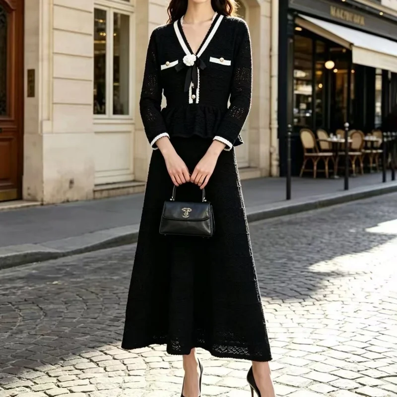 Autumn New Style V-neck Bow ColorBlock Knit Crochet Hollow Out Faux Two-Piece Long-Sleeved Dress High-Quality Women's Long Dress