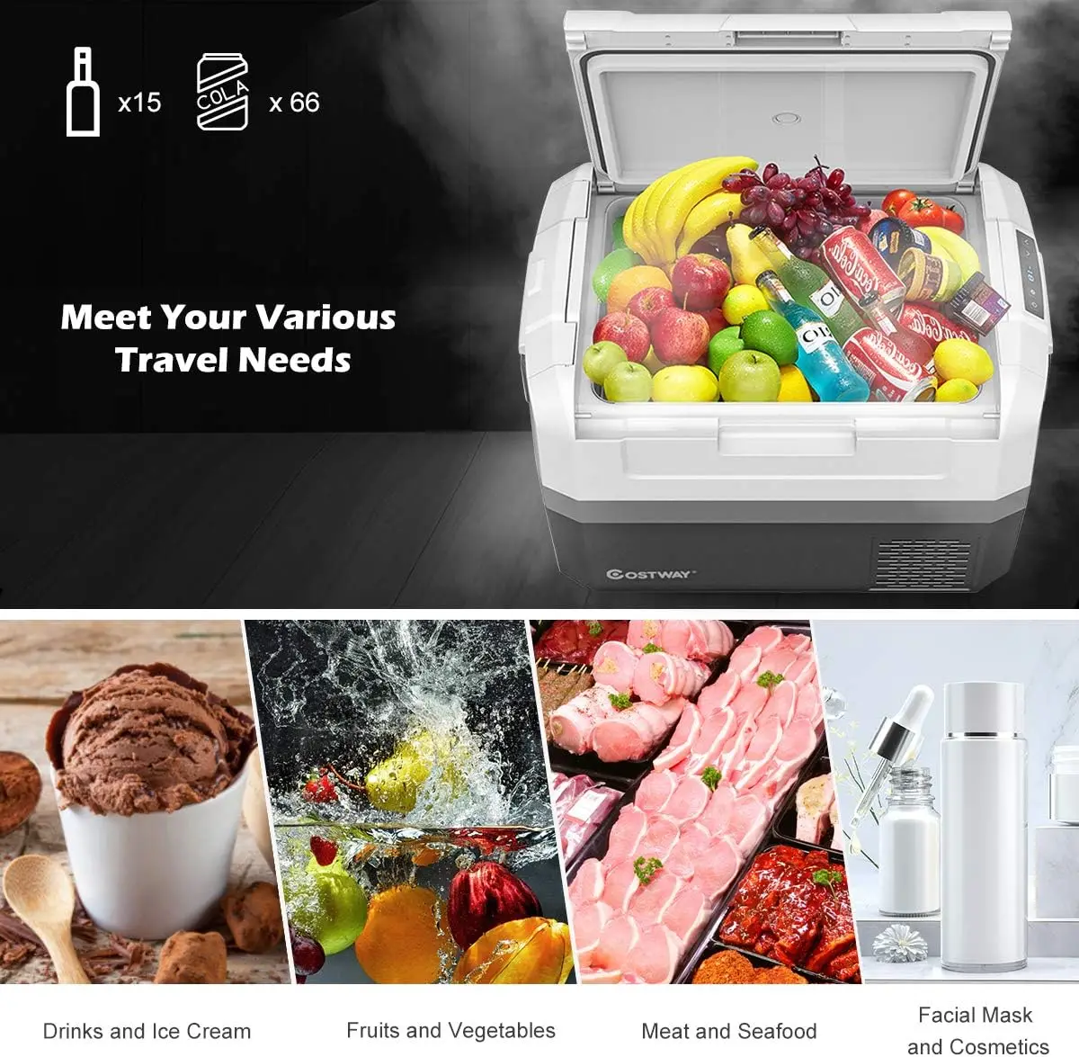 Portable Car Refrigerator, -14.8°F to 50°F, 48-Quart Compressor Travel Fridge with Two-way Open Door, Operating Panel