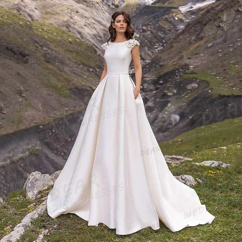 

Simple O Neck Wedding Dresses A Line Elegant Sleeveless Woman‘s Bridal Gowns Appliques Pleat Satin Princess Robe De Mariée 2024