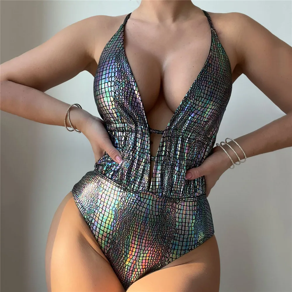 Sexy Shiny Plaid Print Backless Swimwear One Piece Swimsuit Women 2024 Summer Deep V Neck Bathing Suit Monokini Swim Suits