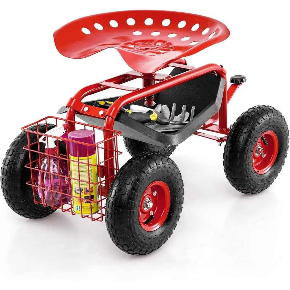 

Adjustable Height 360° Swivel Garden Seat with Rolling Wheels and Tool Basket - Red