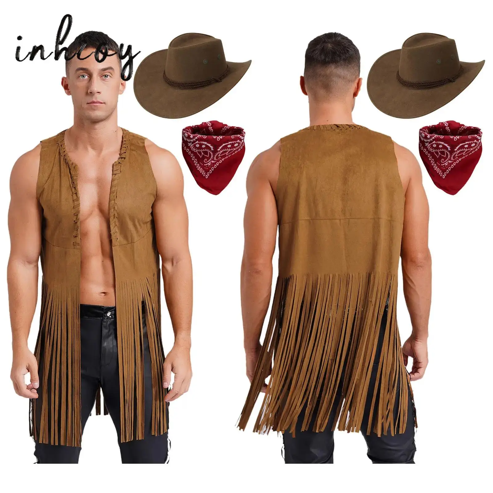 

Mens Cowboy Costume Halloween Party Long Tassels 70s Hippie Cardigan Sleeveless Fringe Suede Jacket Waistcoat Vintage Vest Tops