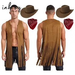 Mens Cowboy Costume Halloween Party Long Tassels 70s Hippie Cardigan Sleeveless Fringe Suede Jacket Waistcoat Vintage Vest Tops