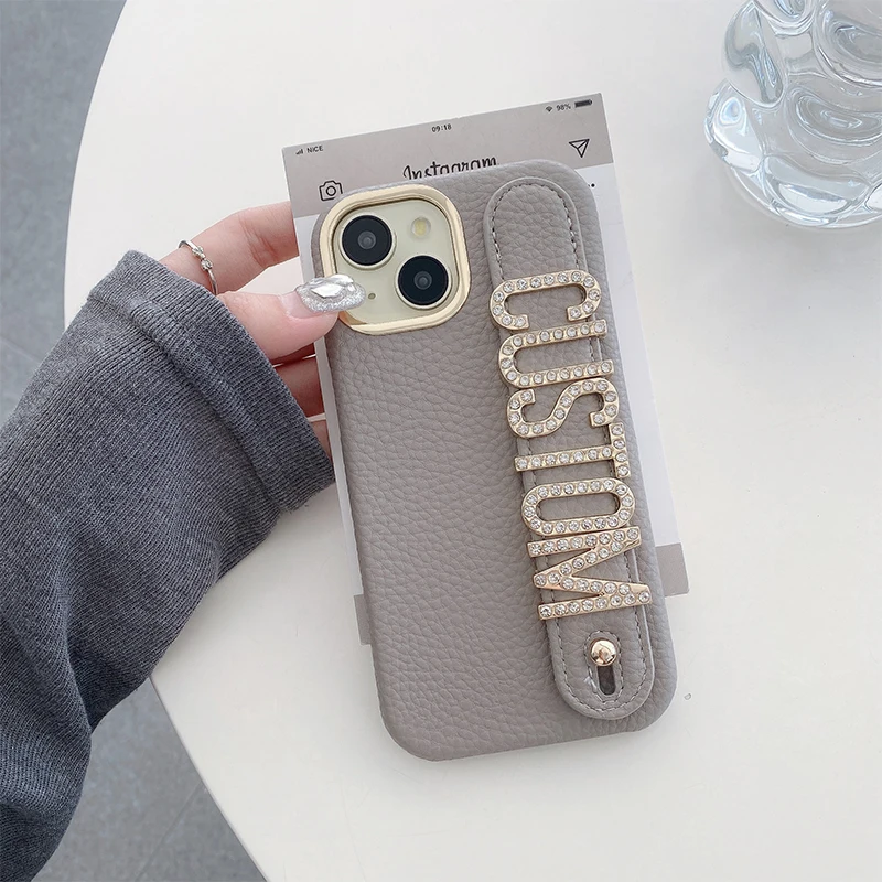 

Personalized Leather Phone Case with Name and diamond Letter Wristband for iPhone 16 15 14 13 12 11Pro Max 14 15 16Plus Cover