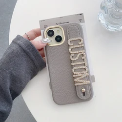 Personalized Leather Phone Case with Name and diamond Letter Wristband for iPhone 16 15 14 13 12 11Pro Max 14 15 16Plus Cover