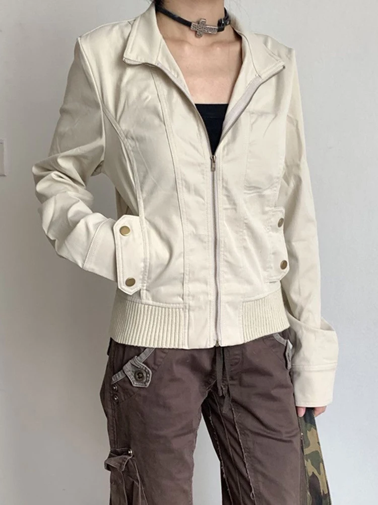 

Американская винтажная куртка женская весенне-осенняя мода укороченные топы корейский шик универсальное пальто с отложным воротником на молнии женское