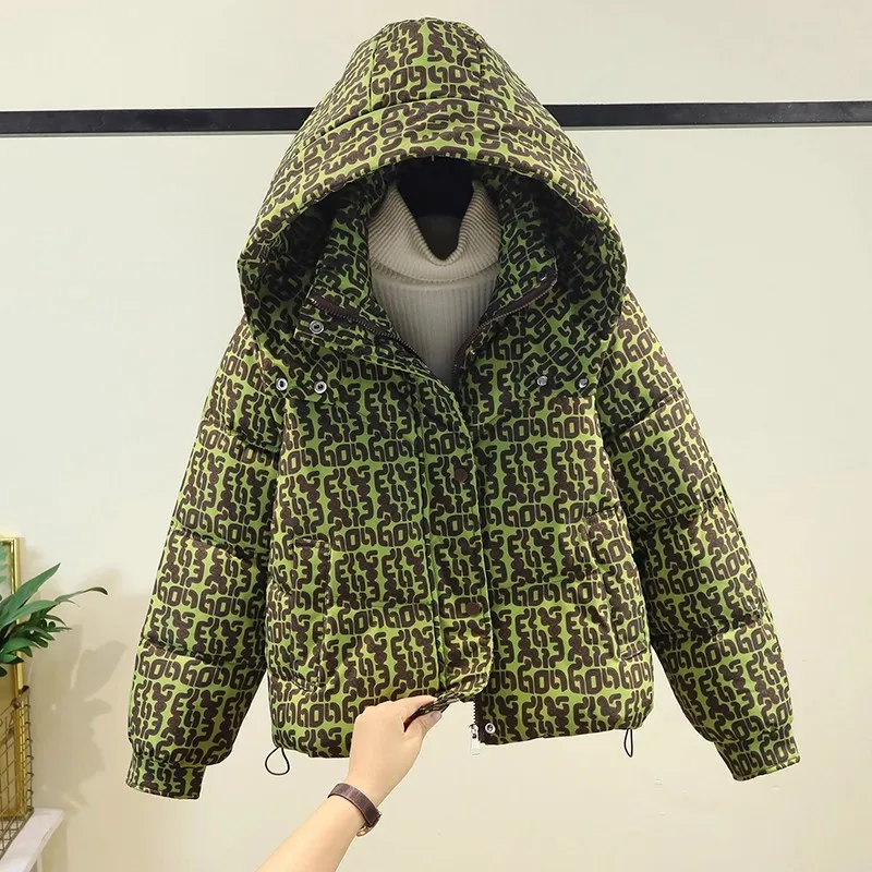 

Korean Printed Cotton Jacket 2025 Winter Women's New Short Style Fashion Thickened Loose Hooded Outerwear w1565